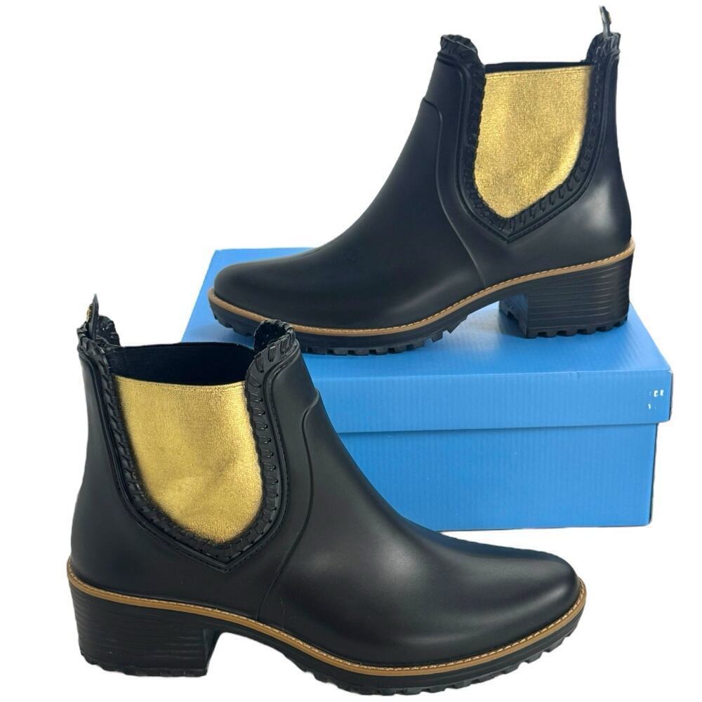 NWB Jack Rogers Ellie Pull On Block Heel Ankle Rain Boots Black Women's Size 9M